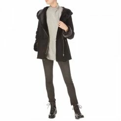 Shearling Boutique Black Hooded Mid Length Shearling Jacket -JacketsSale Sales 16634860 3