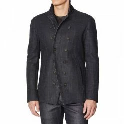 John Varvatos Navy Check Wool Blend Jacket