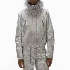 Helmut Lang Silver Astro Faux Fur Trim Jacket