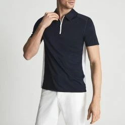 Reiss Navy Drake Half Zip Stripe Polo Shirt