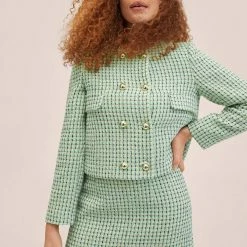 Mango Green Double-Breasted Tweed Jacket