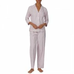 Lauren Ralph Lauren Pink Stripe Classic Woven 3/4 Sleeve Notch Collar Pyjama Set
