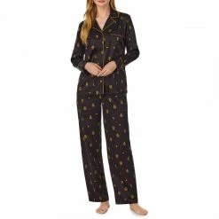 Lauren Ralph Lauren Black & Yellow Satin Giftable Notch Collar Pajamas