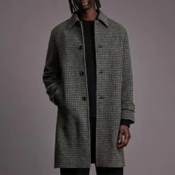 AllSaints Charcoal Dahl Houndstooth Wool Blend Coat
