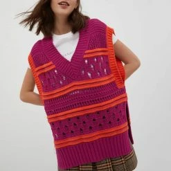 MAX & Co. Fuchsia Pattern Stripe Cotton Blend Vest